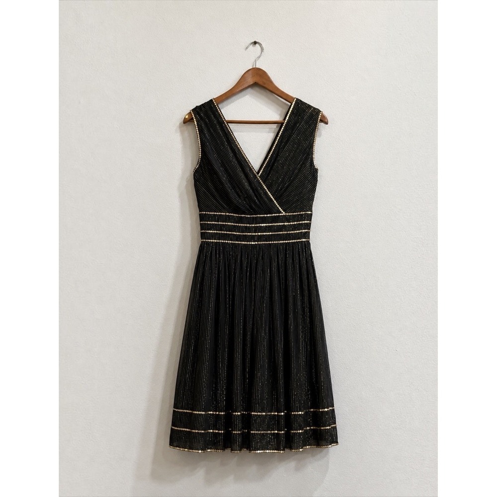 ADRIANNA Silk A-Line Midi Dress Size 8 Black Good Metallic